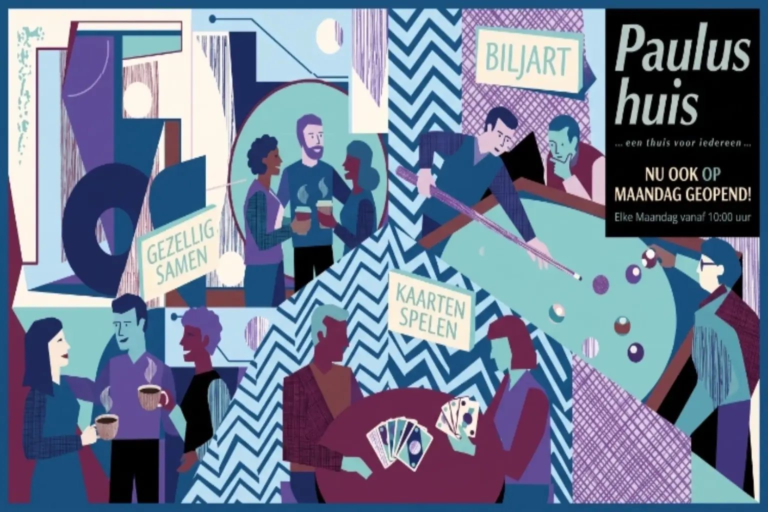 Illustratie van de open maandag in het Paulushuis Gent waar bezoekers samenkomen om te kaarten, biljarten, een drankje te drinken en elkaar te ontmoeten in een gezellige sfeer.